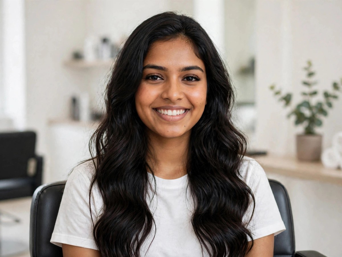 Same woman radiant and confident after studio visit
