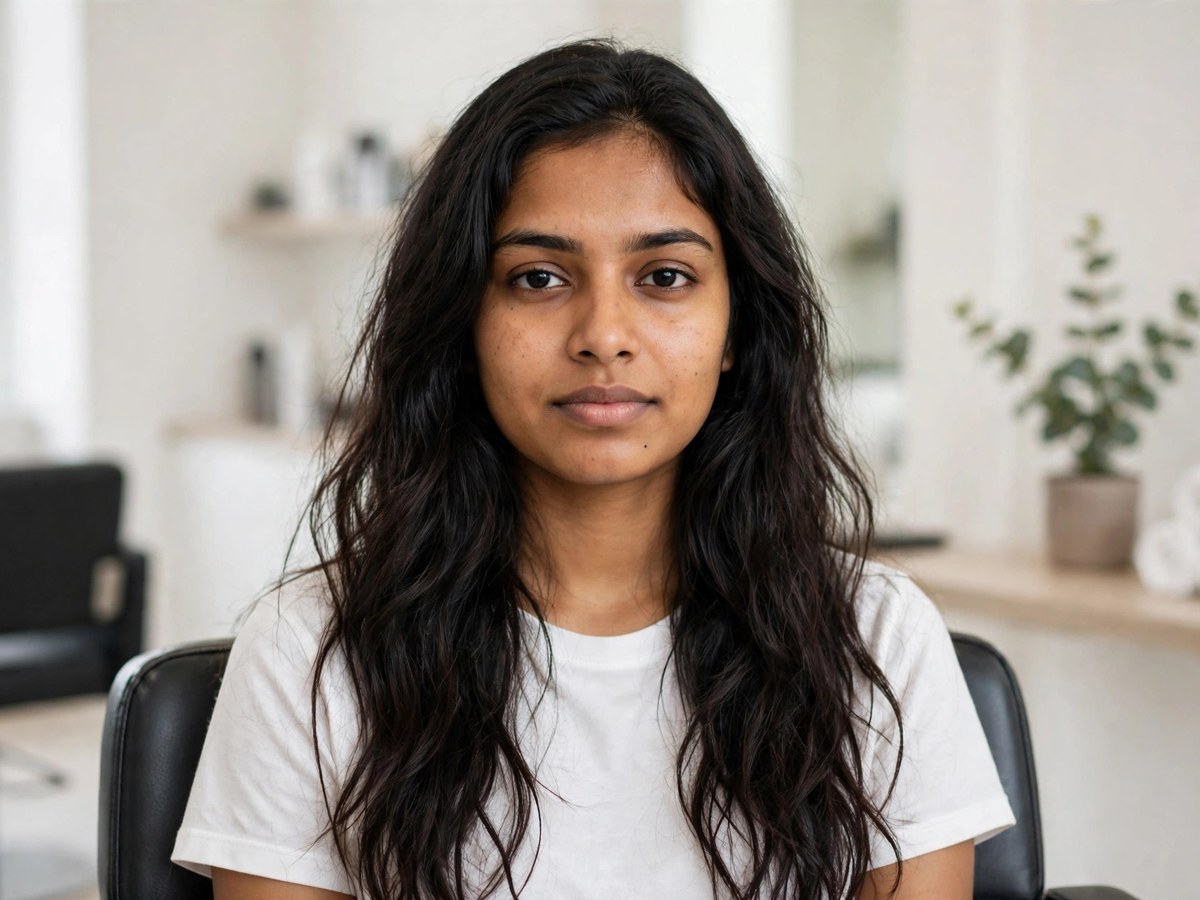 Woman with dull tired look before studio visit